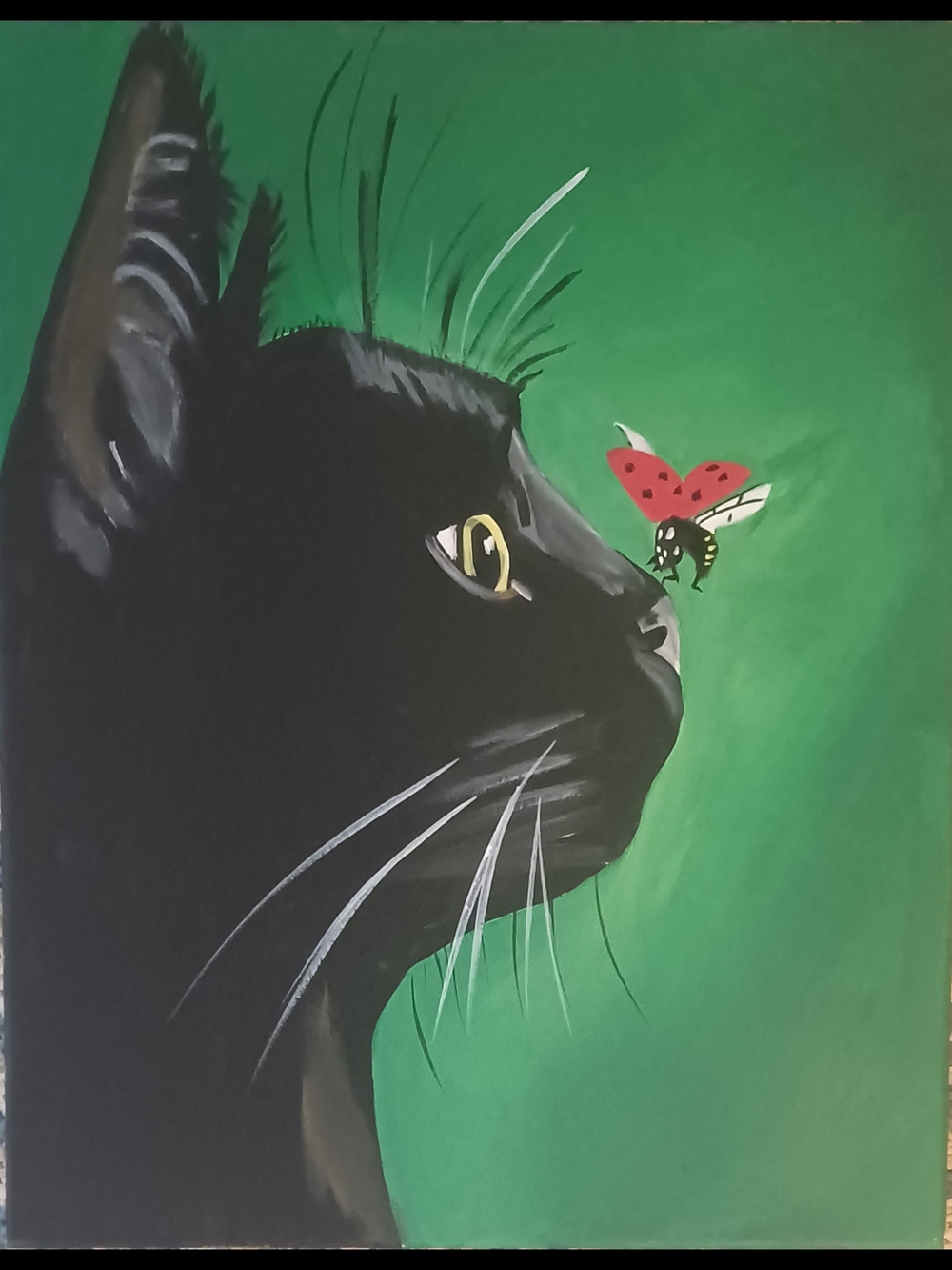 Black Cat & Ladybug Pet Art Canvas - Green Background